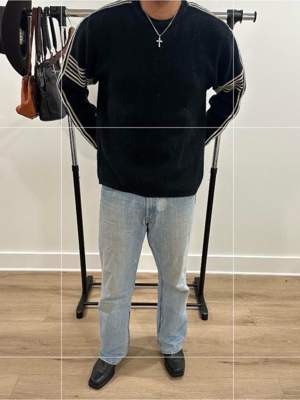 Men's Black Crewneck Sweater with Contrast Stripes